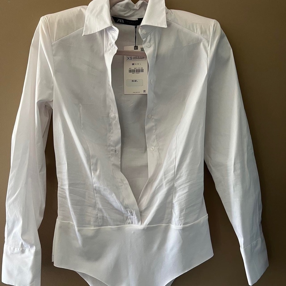 Zara White Long-Sleeve Shirt Bodysuit
